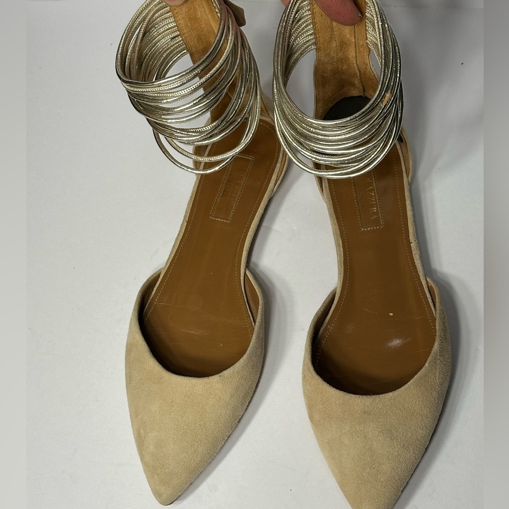 Elegant Beige Ankle Strap Flats ACUAZZURA 7.5 size pre owned good conditions